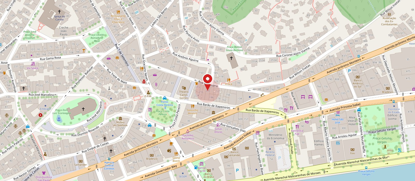Mapa do Centro de Vitória com um marcador em Rua Barão de Itapemirim, 200 — Centro, Vitória/ES, 29010-340.